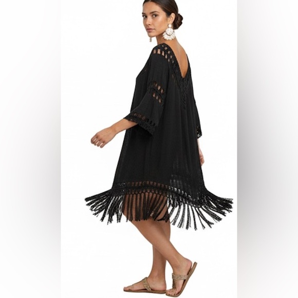 Boho Crochet Fringe Hem Cover Up Dress Black - Picture 4 of 8